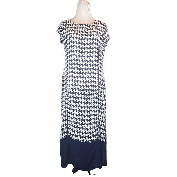 Ives dress navy blue and white houndstooth maxi short sleeve new with tags - Picture 1 of 10